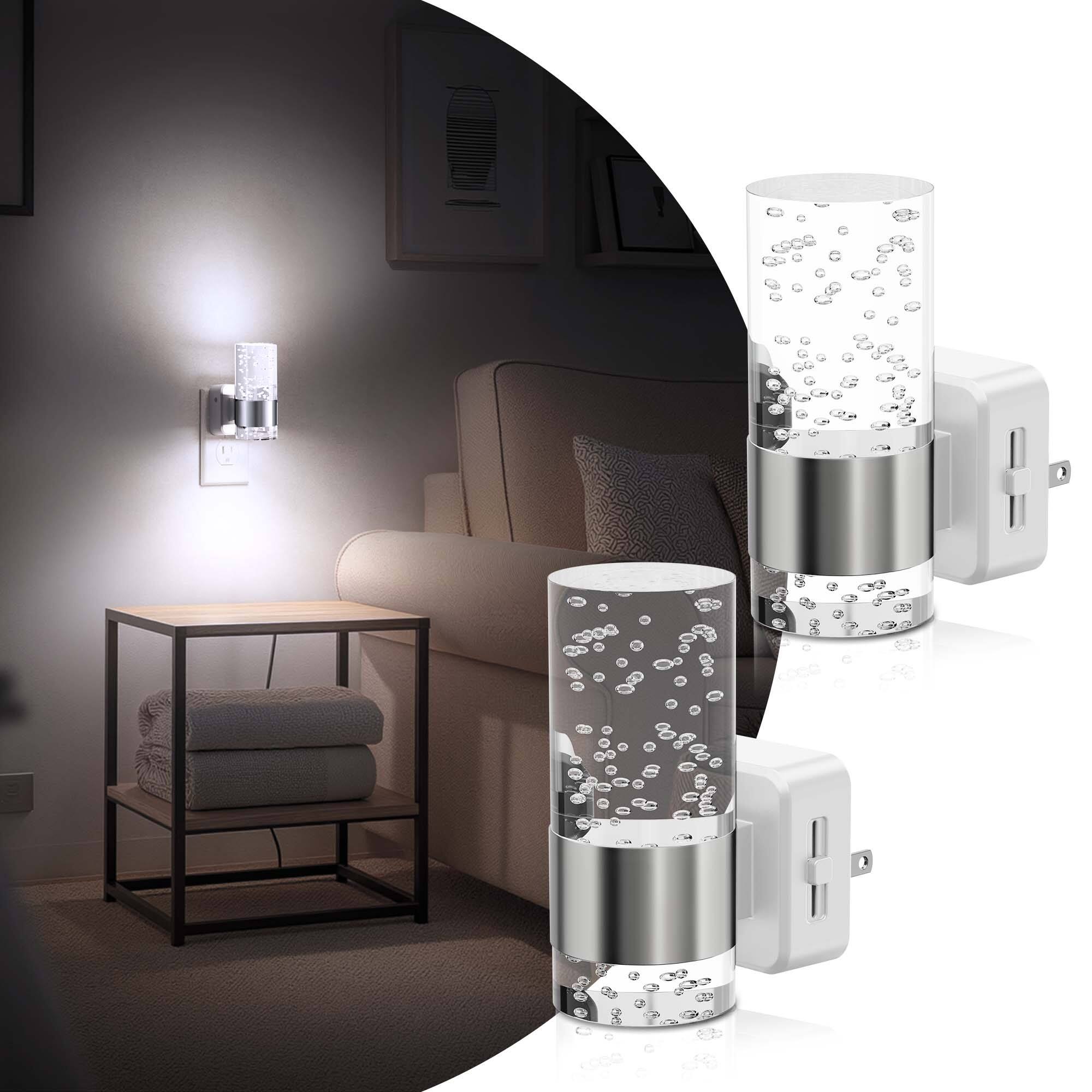 Angle. Jandcase - JANDCASE 2-Pack 1W  Plug-in Night Light, 5000K Daylight White, Bubble Acrylic Pillar, Up/Down Light, , US 3-Prong - Silver.