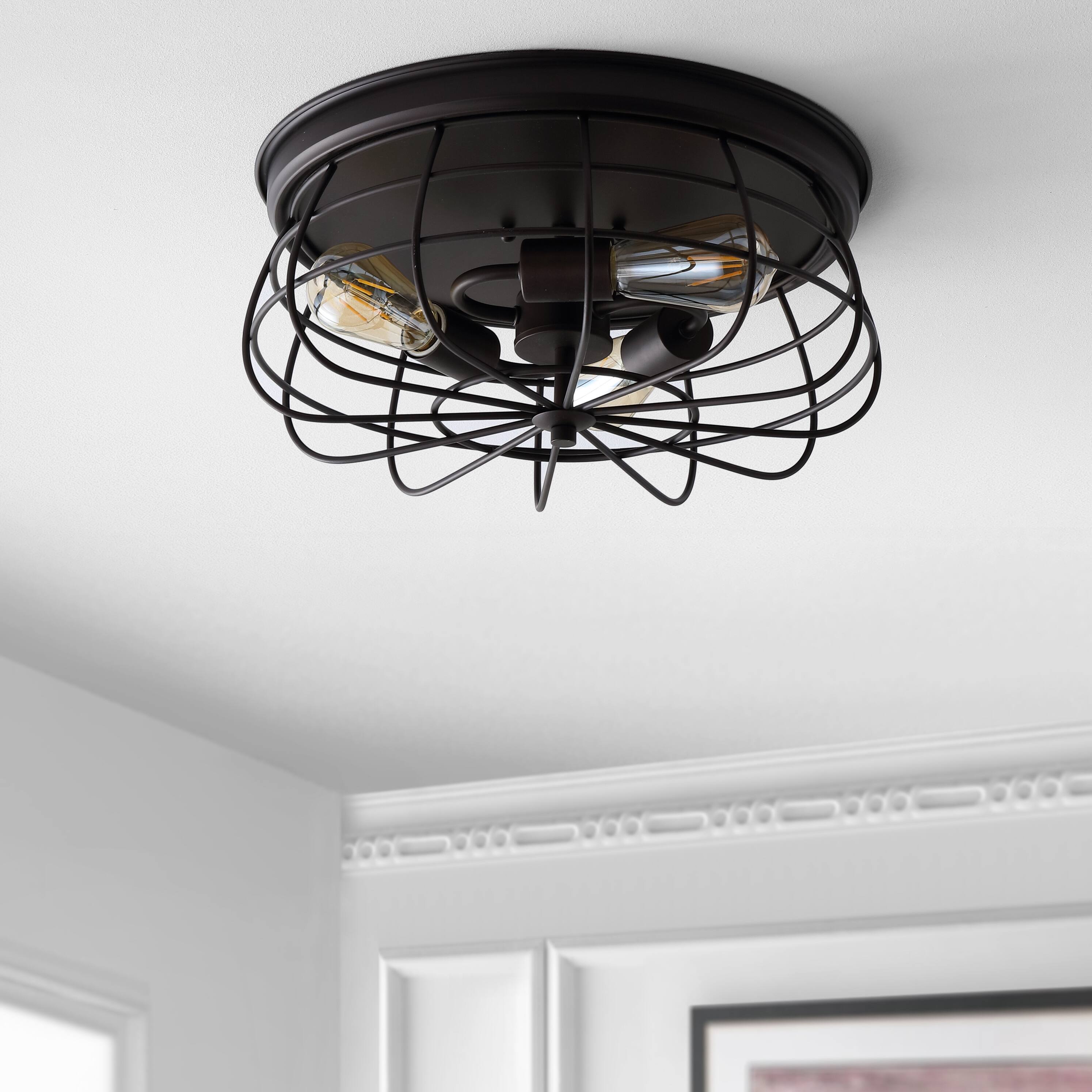 Alt View 4. Jonathan Y - Calvia 15.7" 3-Light Farmhouse Metal Cage Flush Mount, Oil Rubbed Bronze - Oil Rubbed Bronze.