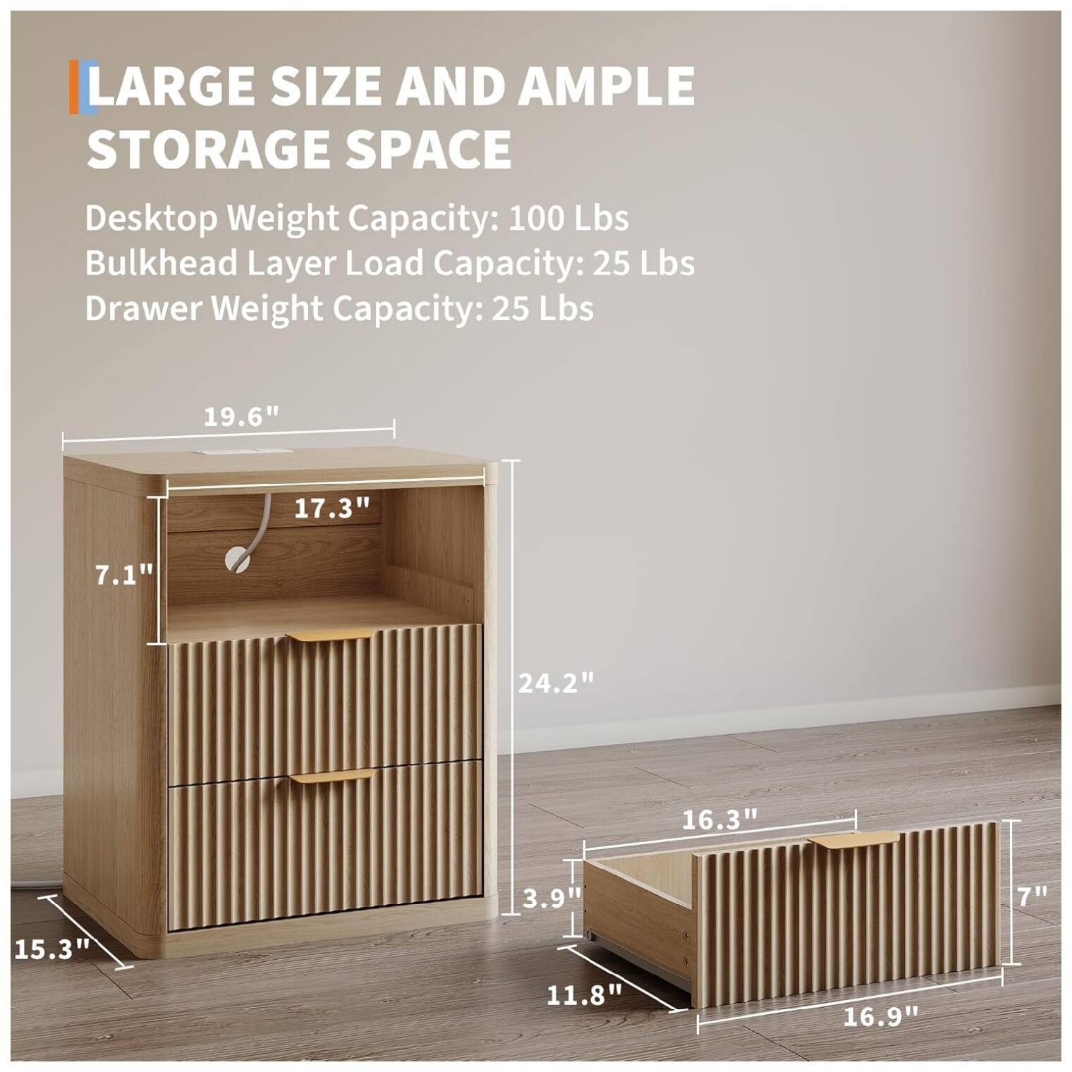 LARGE SIZE AND AMPLE STORAGE SPACE

Desktop Weight Capacity: 100 Lbs  
Bulkhead Layer Load Capacity: 25 Lbs  
Drawer Weight Capacity: 25 Lbs  

19.6"  
17.3"  
7.1"  
24.2"  
16.3"  
3.9"  
7"  
15.3"  
11.8"  
16.9"