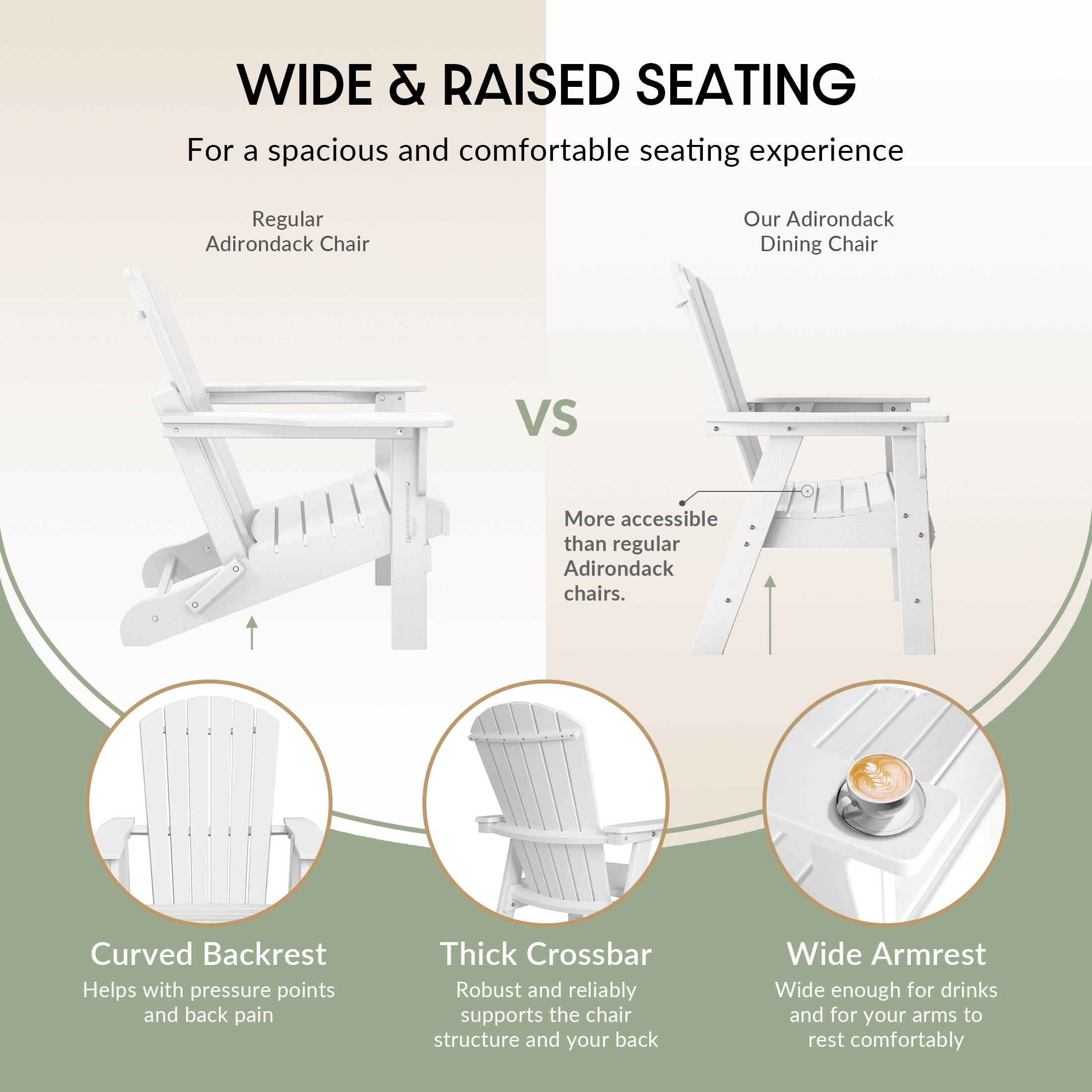 WIDE & RAISED SEATING  
For a spacious and comfortable seating experience

Regular Adirondack Chair  
VS  
Our Adirondack Dining Chair

- More accessible than regular Adirondack chairs.

- Curved Backrest  
  Helps with pressure points and back pain

- Thick Crossbar  
  Robust and reliably supports the chair structure and your back

- Wide Armrest  
  Wide enough for drinks and for your arms to rest comfortably