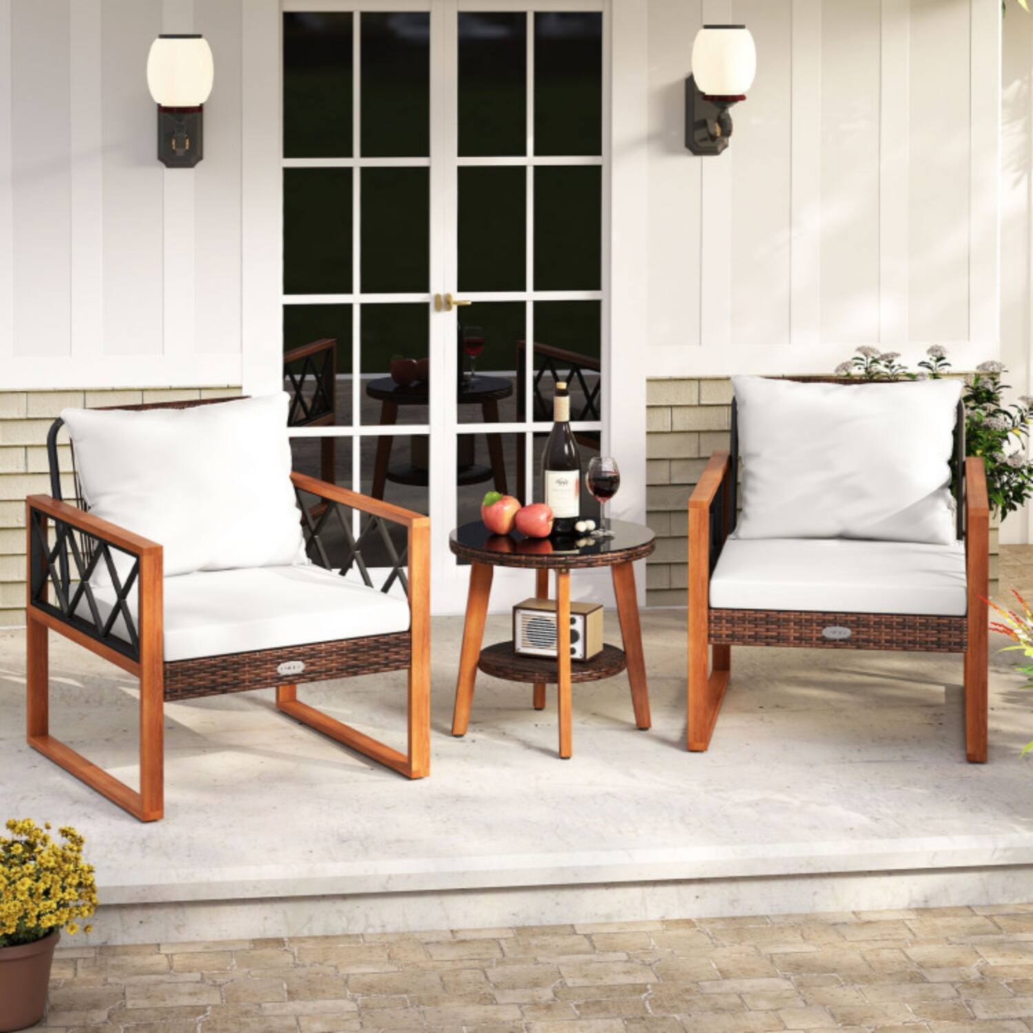 Left. Mondawe - 28x26.5x31.5 IN Freestanding Patio Conversation Set with Table and Cushions 3-Piece - Mix Brown+Off White.