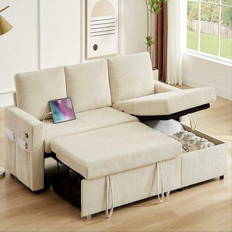 Dyonery - 81-inch sofa with pull-out bed, adjustable backrest, tool-free assembly, corduroy - White