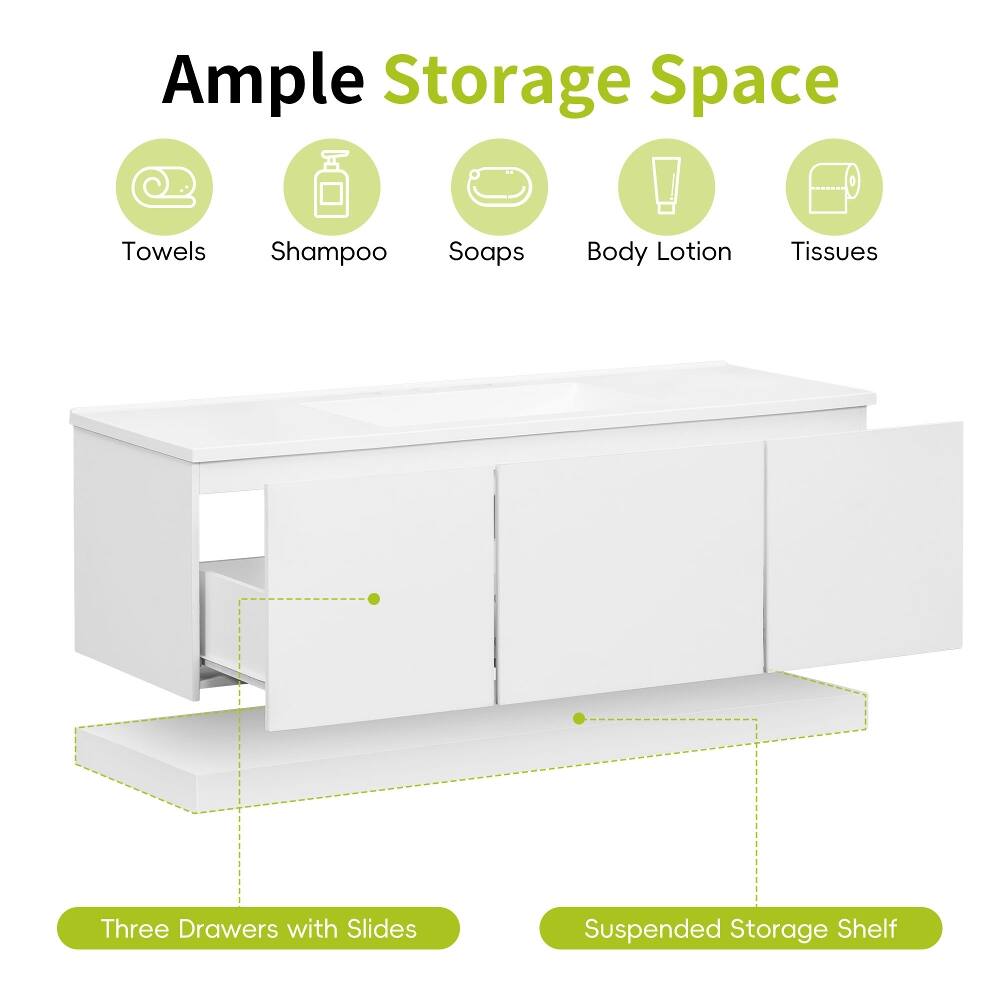 Ample Storage Space

- Towels
- Shampoo
- Soaps
- Body Lotion
- Tissues

Three Drawers with Slides

Suspended Storage Shelf