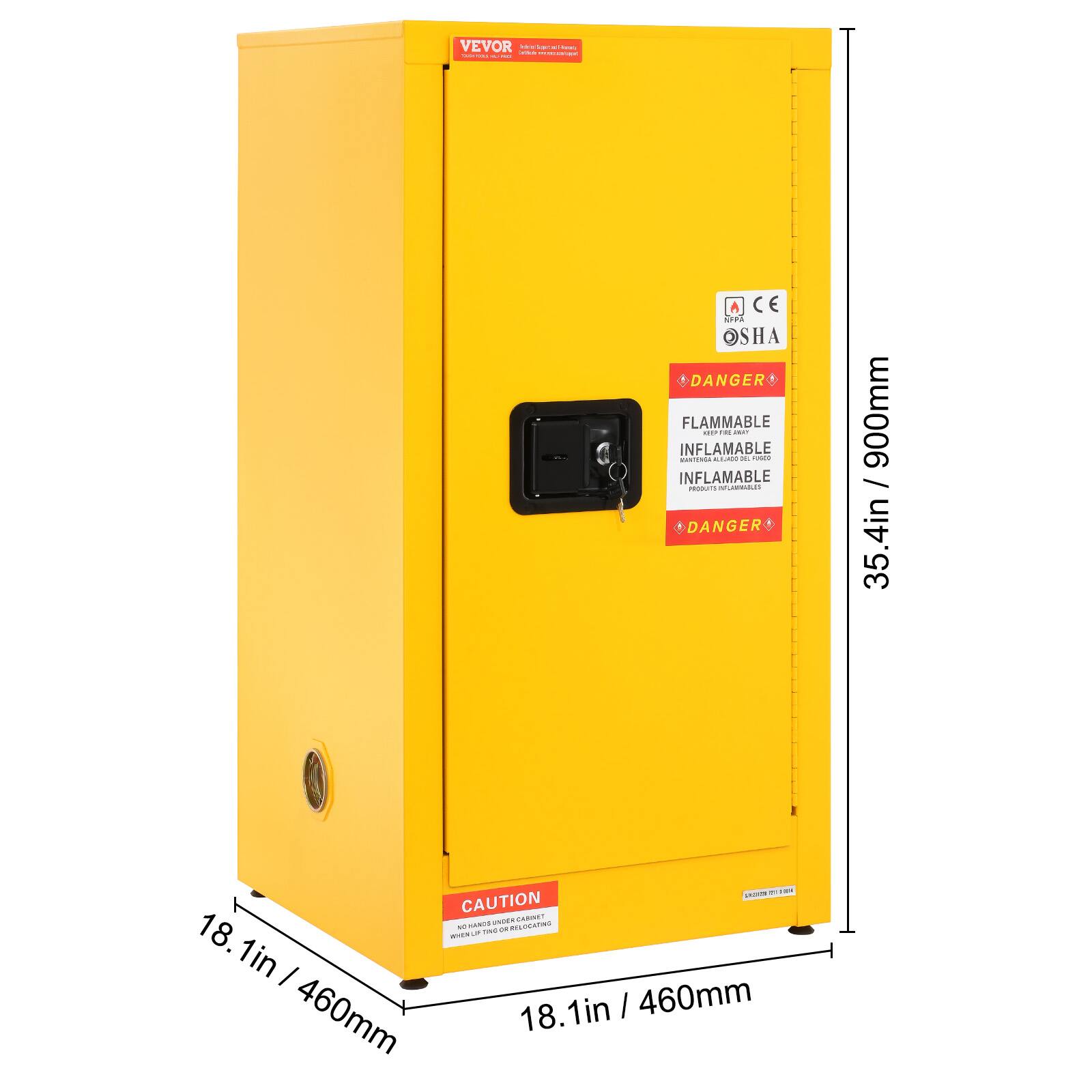 VEVOR

OSHA DANGER  
FLAMMABLE  
INFLAMABLE  
INFLAMABLE  
DANGER  

CAUTION  
NO HAZARD CUPBOARD  
DO NOT REMOVE OR RELOCATE  

18.1in / 460mm  
35.4in / 900mm