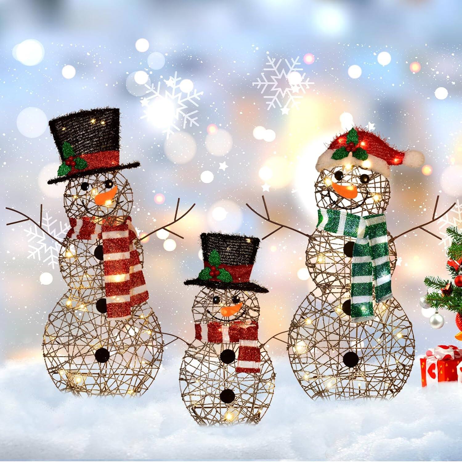 Alt View 8. Wikistore - WIKISTORE 3-Piece 2D Lighted Christmas Rattan Snowman Family Set 80 LED Outdoor Yard Decoration.