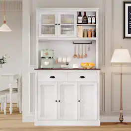 Acekool - 71" Tall Pantry Cabinet with Glass Doors, Shelves & Drawer, Farmhouse Kitchen Hutch Microwave Stand - White