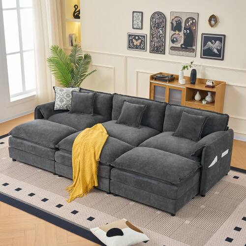 Front. Anysun - Oversized Deep-Seat Sectional Cloud Sofa Sleeper with 3 Ottomans & Pillows - Modular Chenille Couch Bed for Living Room - Gray.
