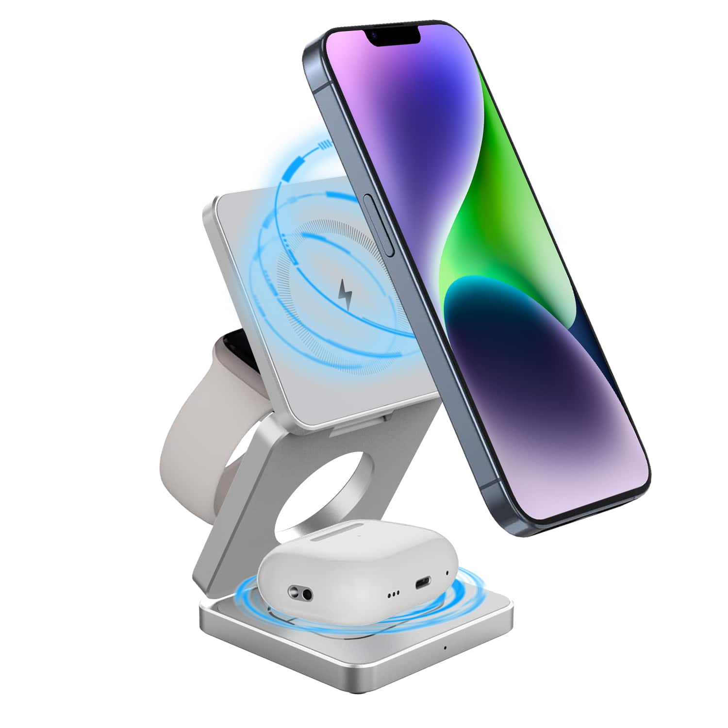 PRIMEPLUS - 15W Qi-Certified Magnetic Foldable Wireless Charger & Stand, 3-in-1 Charging for iPhone, AirPods, Apple Watch - Silver