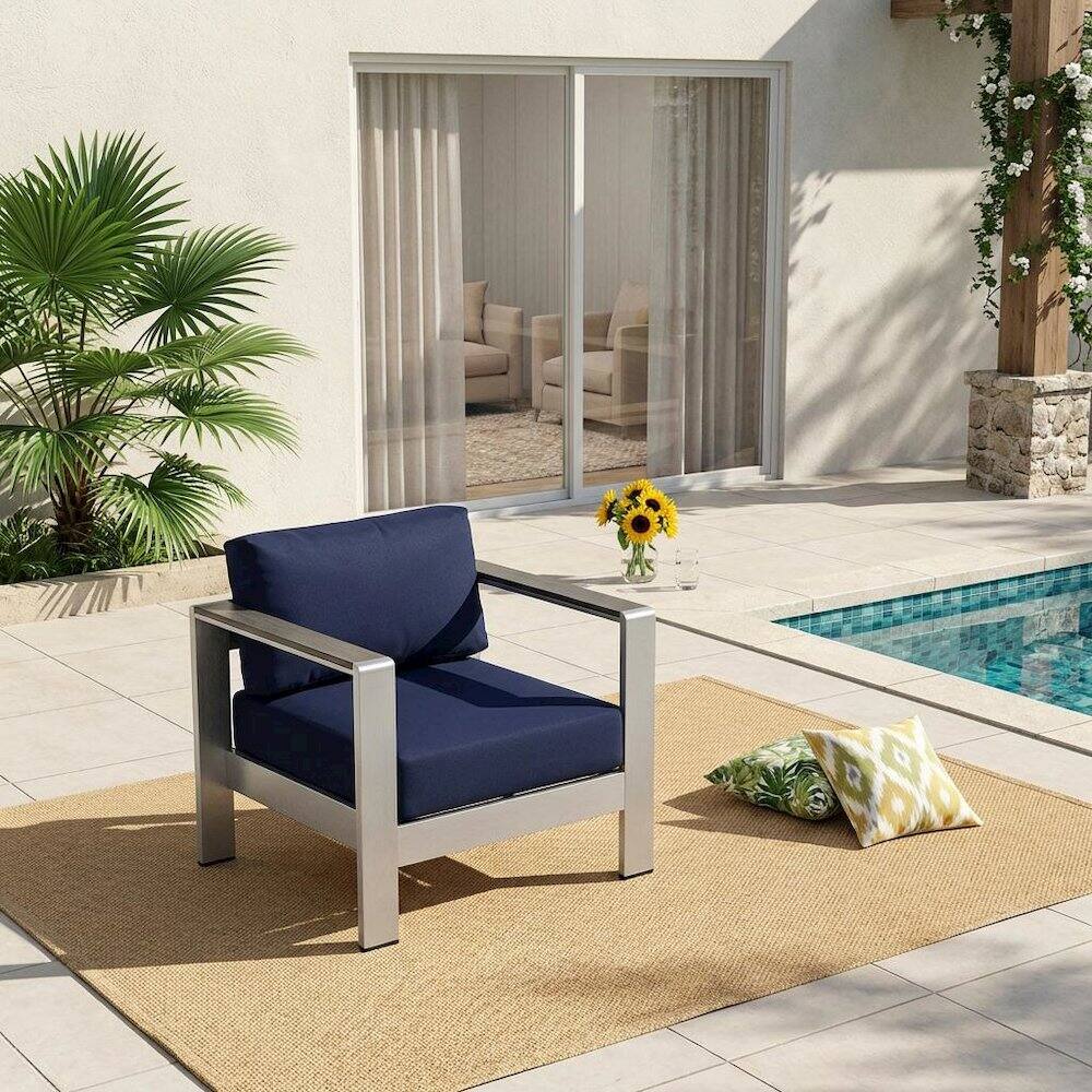 Angle. Outdoor Escape - Outdoor Aluminum Armchair For Patio Lounge With Cushioned Seat - Silver.