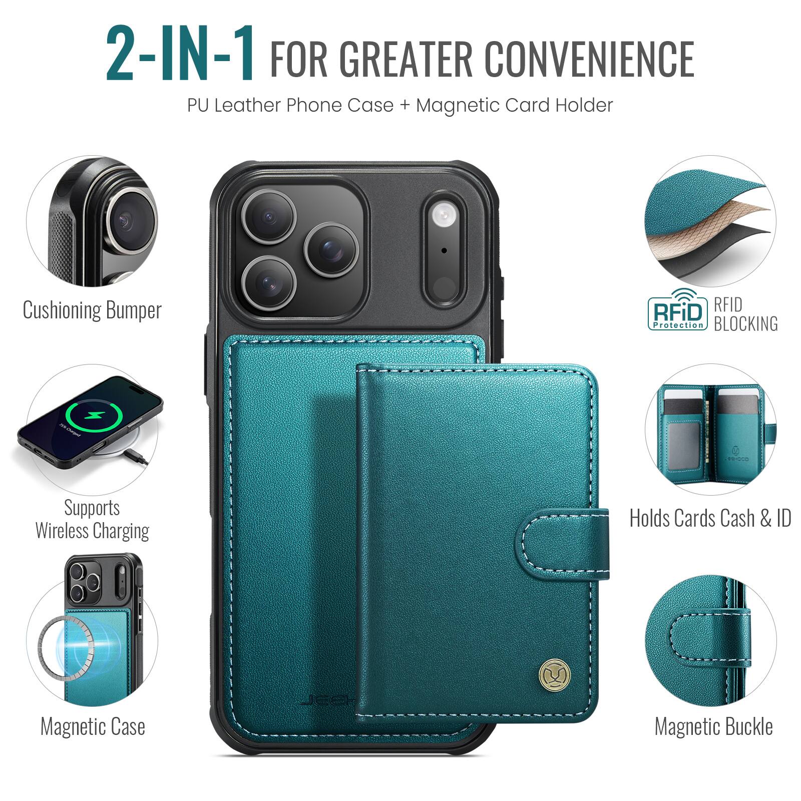 2-IN-1 FOR GREATER CONVENIENCE  
PU Leather Phone Case + Magnetic Card Holder

- Cushioning Bumper
- RFID Protection BLOCKING
- Supports Wireless Charging
- Holds Cards Cash & ID
- Magnetic Case
- Magnetic Buckle