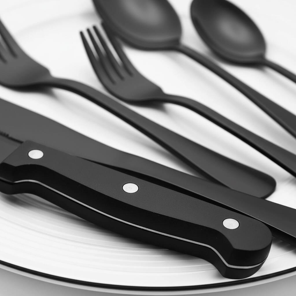 Alt View 1. Dazzed Corner - 24-Piece Stainless Flatware Cutlery Silverware, Fork Spoon Knife, Service for 4 - Black.