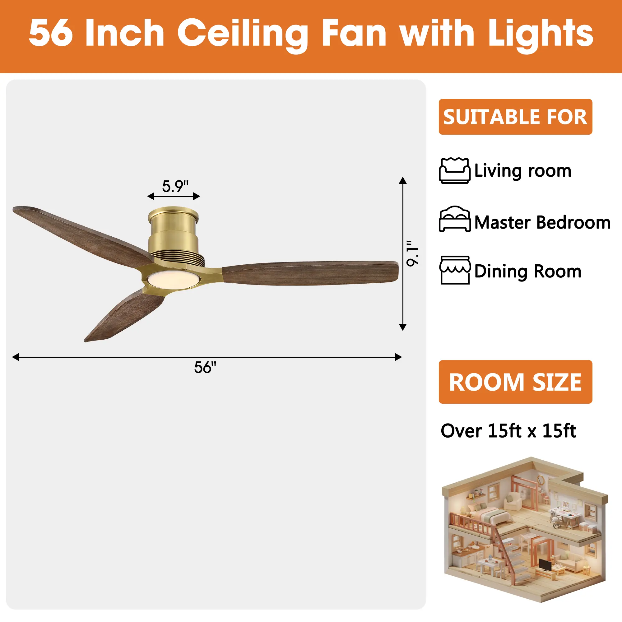 56 Inch Ceiling Fan with Lights

SUITABLE FOR
- Living room
- Master Bedroom
- Dining Room

ROOM SIZE
Over 15ft x 15ft