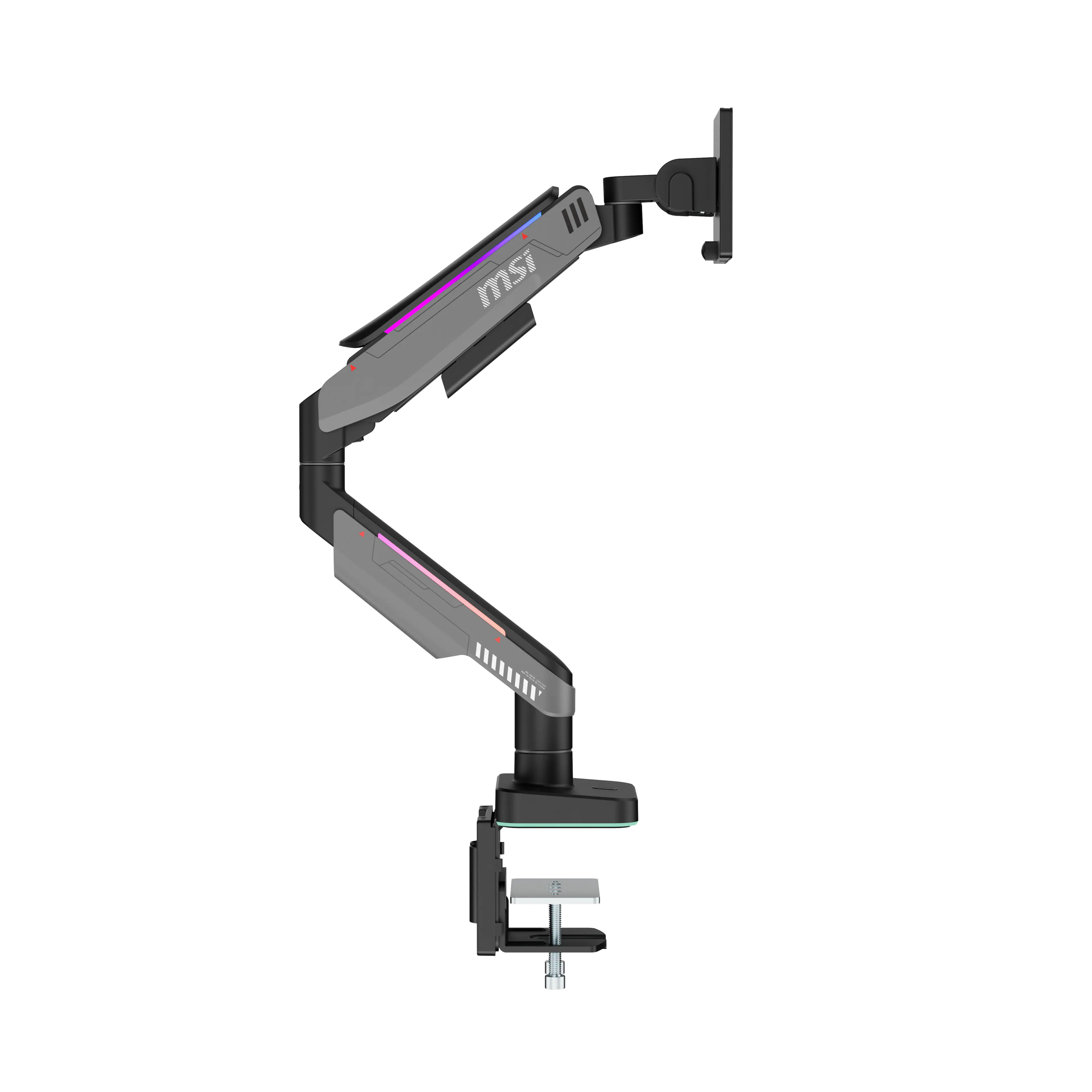 Front. MSI - MT201R V2 Single Monitor Arm – Adjustable Gas Spring Desk Mount, VESA Compatible, 17–49in, 44 lbs, Clamp & Grommet - Iron Gray.