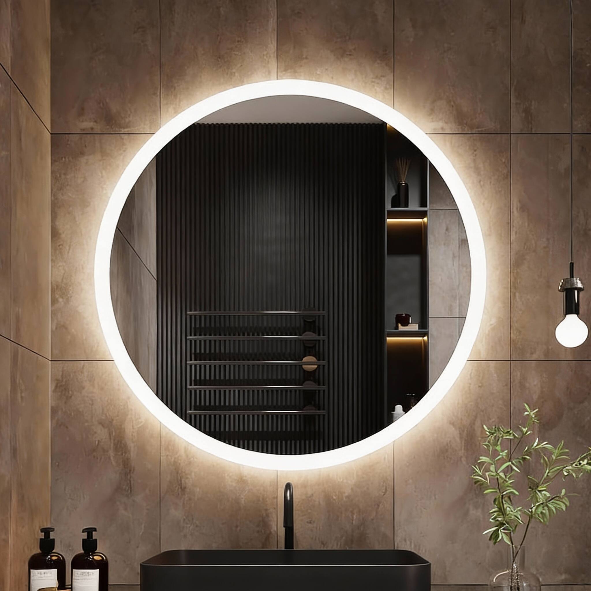 Left. OMOMMD - Round Led Bathroom Mirror With Lights d Backlit Color Temperatures Anti fog Adjustable Brightness Memory Fu - 24"L x 24"W.