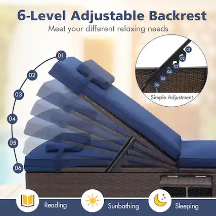 6-Level Adjustable Backrest
Meet your different relaxing needs
01 02 03 04 05 06
Simple Adjustment
Reading Sunbathing Sleeping