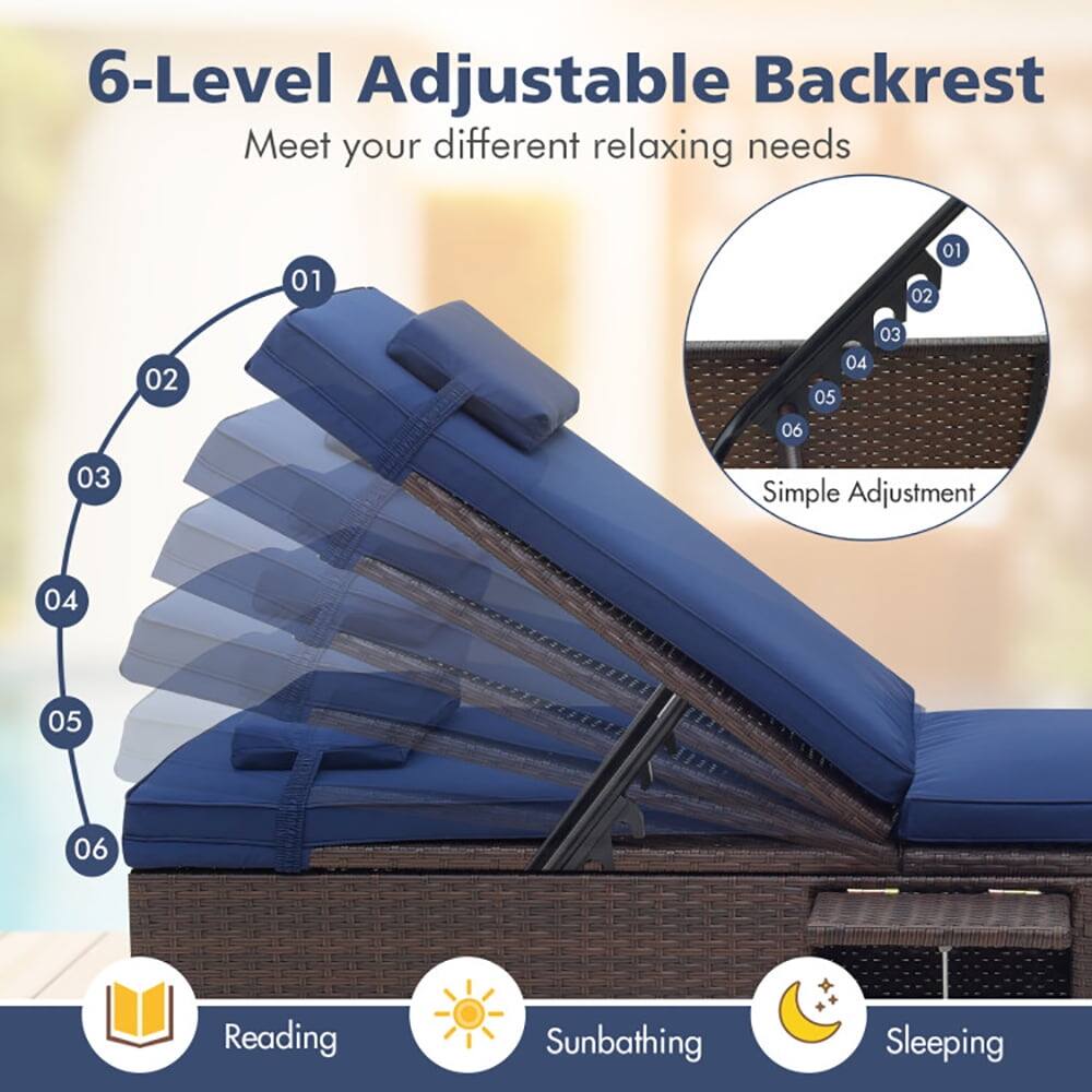 6-Level Adjustable Backrest  
Meet your different relaxing needs  

01 02 03 04 05 06  

Simple Adjustment  

Reading Sunbathing Sleeping