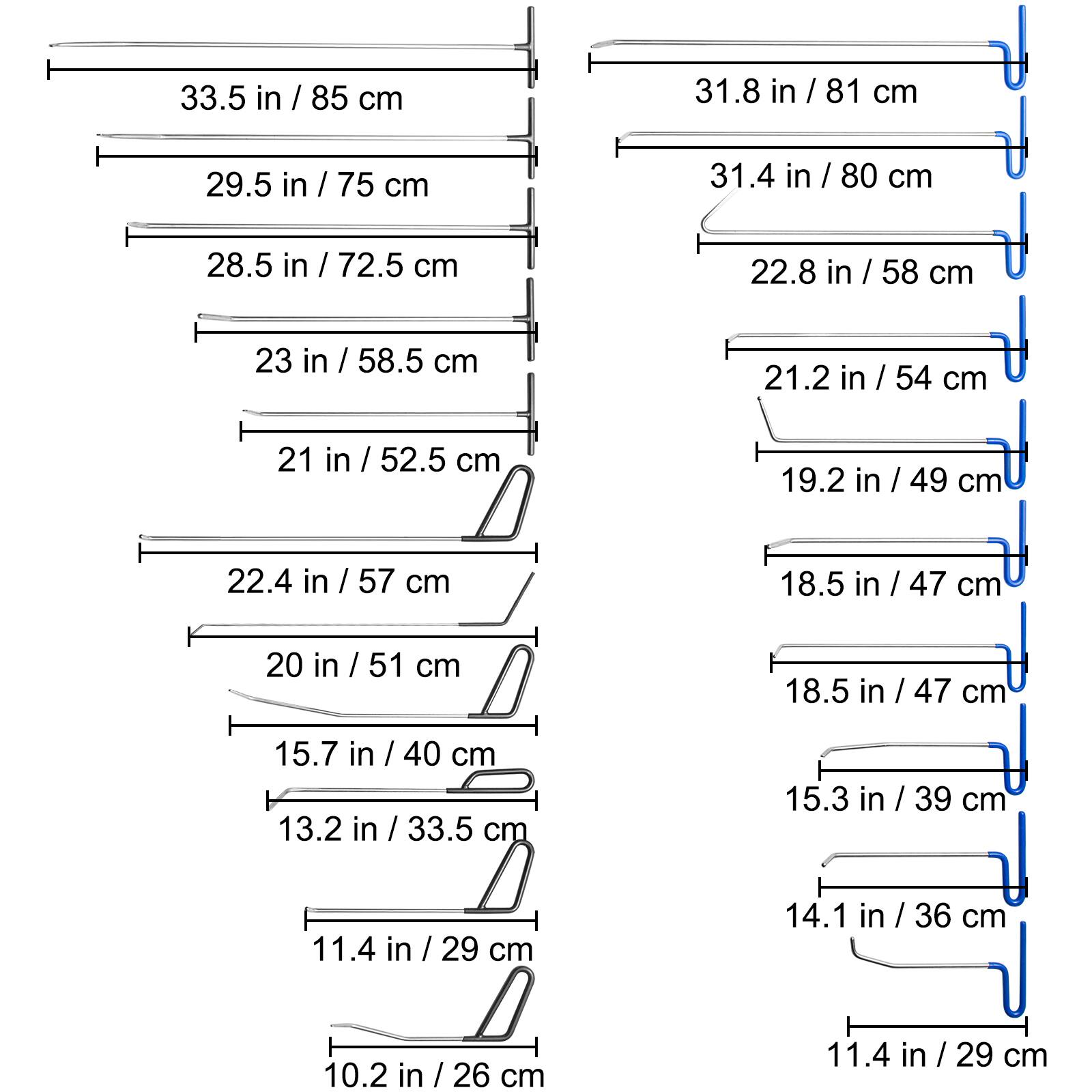 33.5 in / 85 cm  
31.8 in / 81 cm  
29.5 in / 75 cm  
31.4 in / 80 cm  
28.5 in / 72.5 cm  
22.8 in / 58 cm  
23 in / 58.5 cm  
21.2 in / 54 cm  
21 in / 52.5 cm  
19.2 in / 49 cm  
22.4 in / 57 cm  
18.5 in / 47 cm  
20 in / 51 cm  
18.5 in / 47 cm  
15.7 in / 40 cm  
13.2 in / 33.5 cm  
15.3 in / 39 cm  
11.4 in / 29 cm  
14.1 in / 36 cm  
10.2 in / 26 cm  
11.4 in / 29 cm