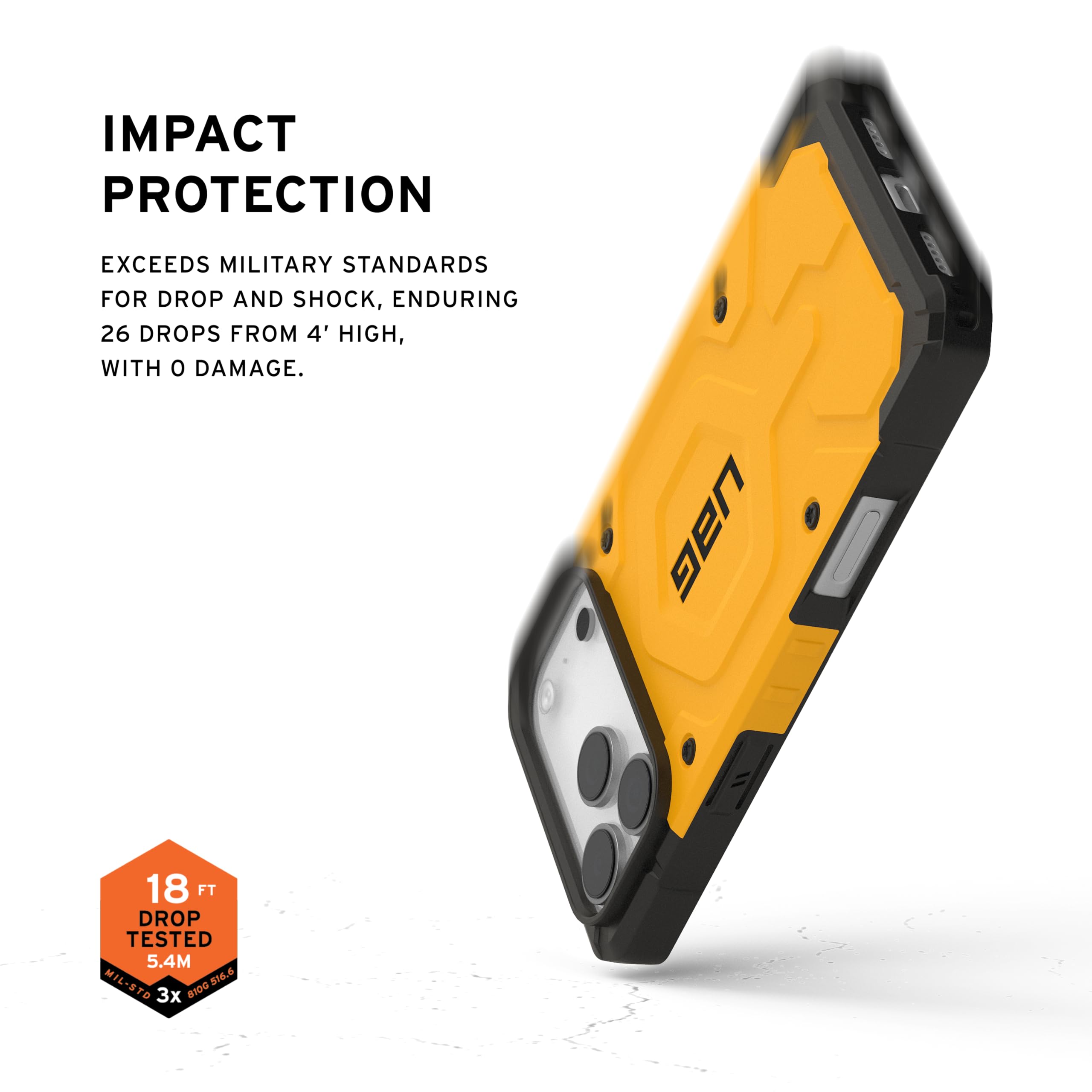 IMPACT PROTECTION

EXCEEDS MILITARY STANDARDS FOR DROP AND SHOCK, ENDURING 26 DROPS FROM 4' HIGH, WITH 0 DAMAGE.

UAG C 18 FT DROP TESTED 5.4M MIL-STD 8100.516.6 S1.6 3x 81D