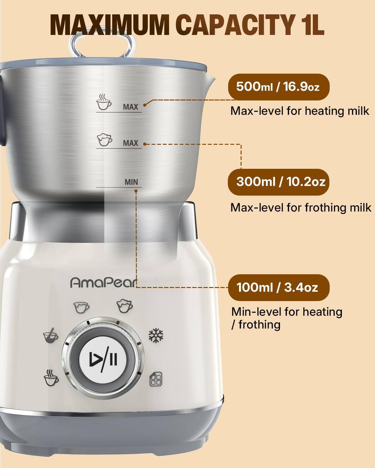 MAXIMUM CAPACITY 1L

500ml / 16.9oz
Max-level for heating milk

300ml / 10.2oz
Max-level for frothing milk

100ml / 3.4oz
Min-level for heating / frothing