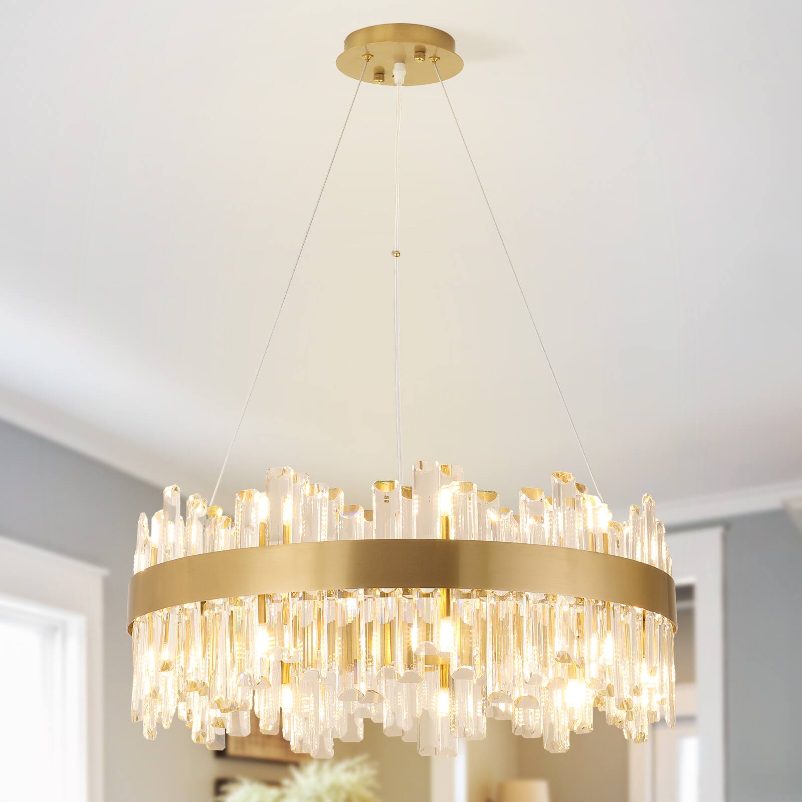 Angle. Tiramisubest - Modern Gold Crystal Chandelier, 18-Light Round Brass Chandelier, 24 Inch Melighting Crystal Chandeliers - Gold+Clear.