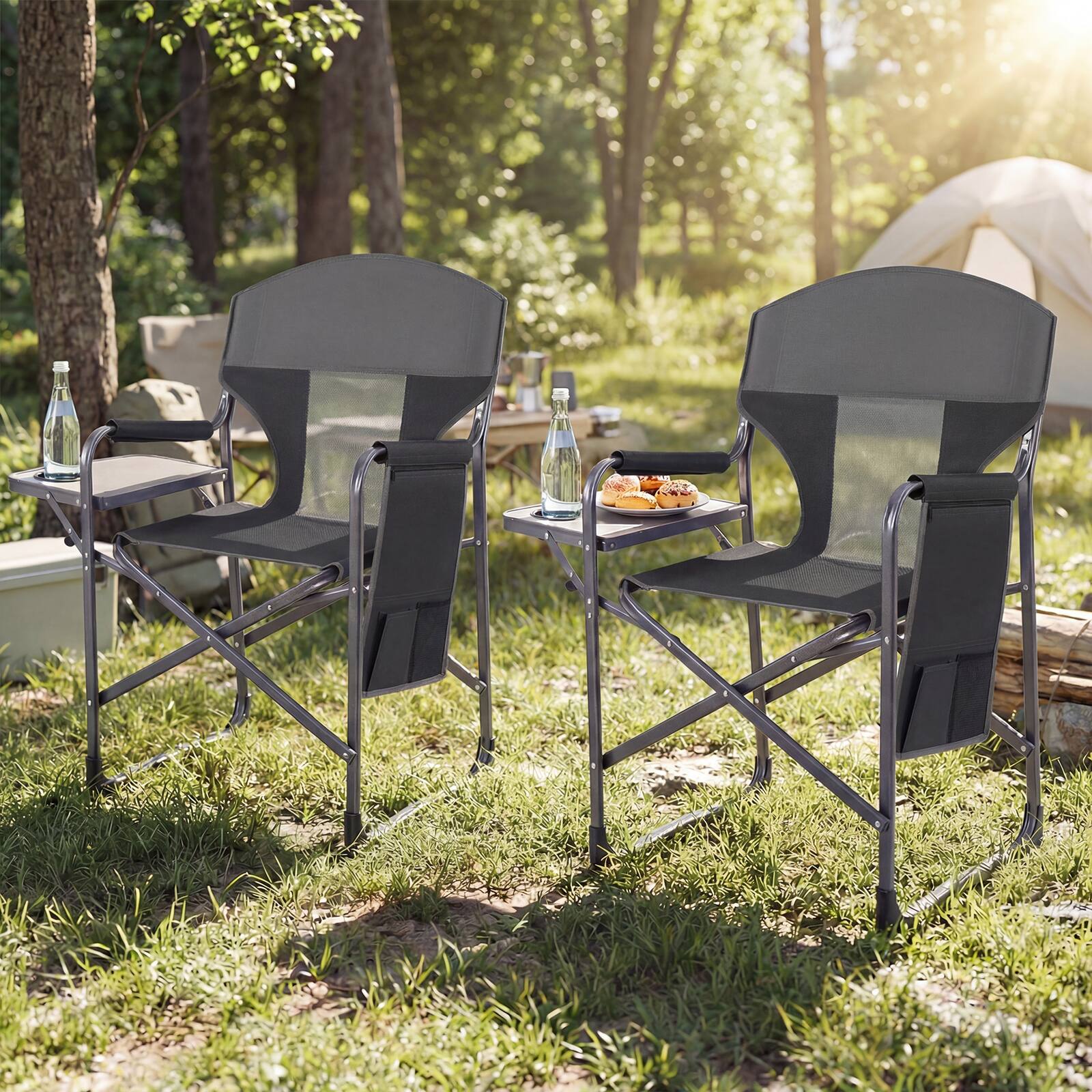 Alt View 3. Gymax - Gymax 2 Pcs Camping Chair Oversized Padded Portable Directors Chair w/ Side Table Black & Gray - Black.