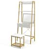 Front. Costway - Costway Vanity Table Set Flip Top Mirror Ladder Storage Shelf Cushioned Stool - Gold,White.