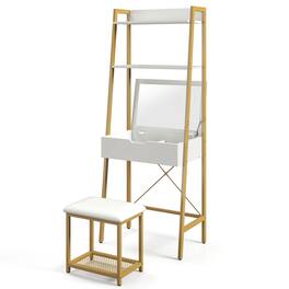 Costway - Vanity Table Set Flip Top Mirror Ladder Storage Shelf Cushioned Stool - Gold,White