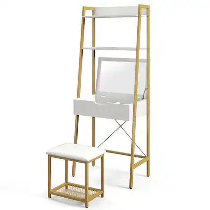 Front. Costway - Costway Vanity Table Set Flip Top Mirror Ladder Storage Shelf Cushioned Stool - Gold,White.