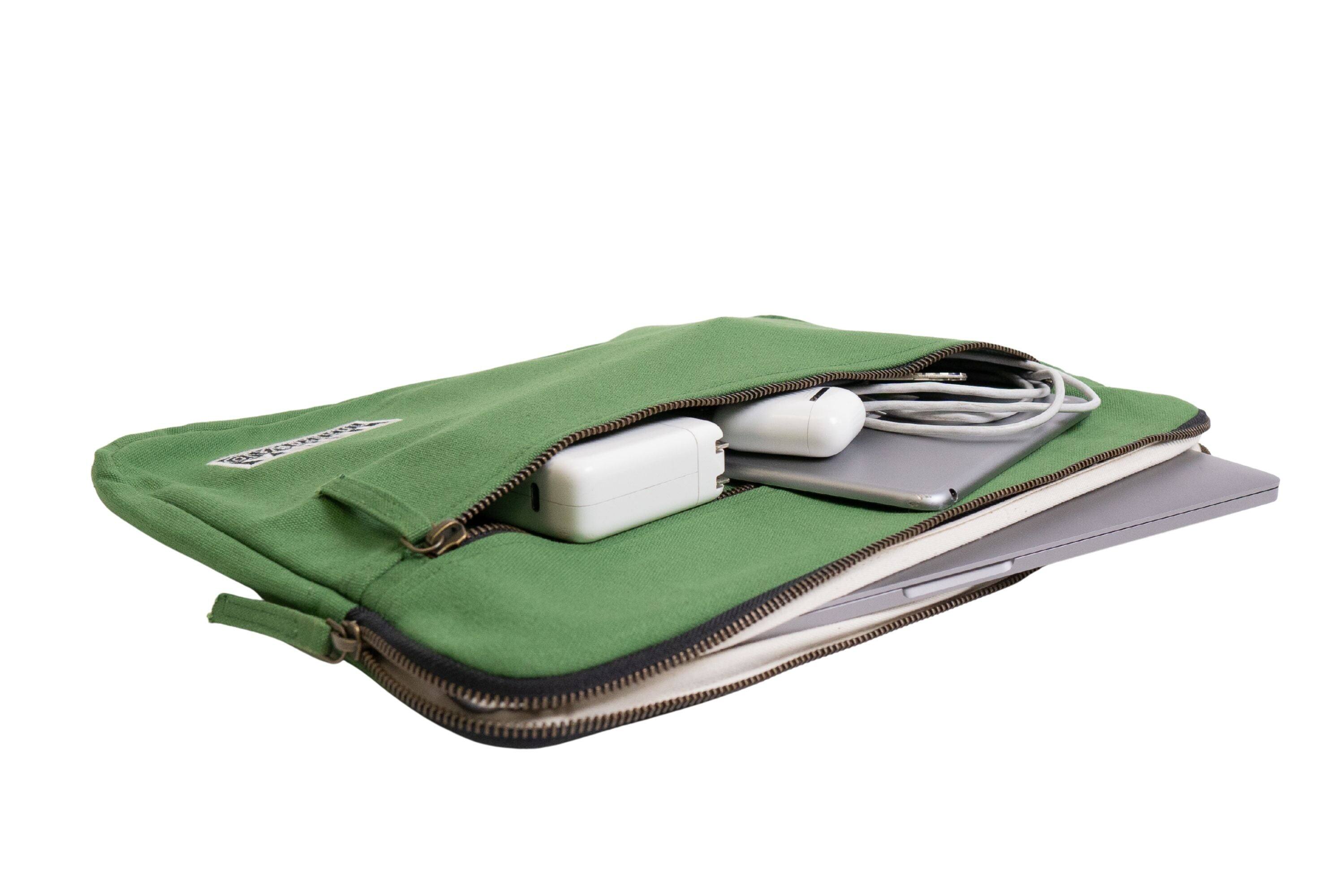 Left. Terra Thread - Organic Cotton Laptop Sleeve 15 inches - Moss Green.