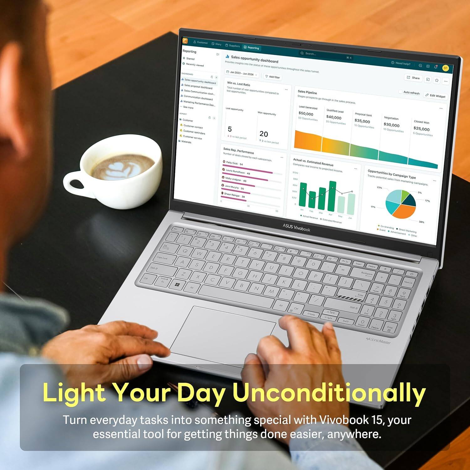 Sure, here is the corrected and grouped text:
---
**Sales Opportunity Dashboard**
- **Lost Ratio:** 5
- **Won Opportunities:** 20
- **Sales Pipeline:**
- **Lost Opportunities:** $50,000
- **Open Opportunities:** $40,000
- **Proposed Opportunities:** $30,000
- **Closed Opportunities:** $20,000
- **Actual vs. Estimated Revenue:**
- **Actual Revenue:** $10,000
- **Estimated Revenue:** $35,000
- **Opportunities by Campaign Type:**
- **Email Marketing:** 22%
- **Social Media:** 19%
- **Direct Marketing:** 17%
- **Other:** 42%
---
**Light Your Day Unconditionally**
Turn everyday tasks into something special with Vivobook 15, your essential tool for getting things done easier, anywhere.