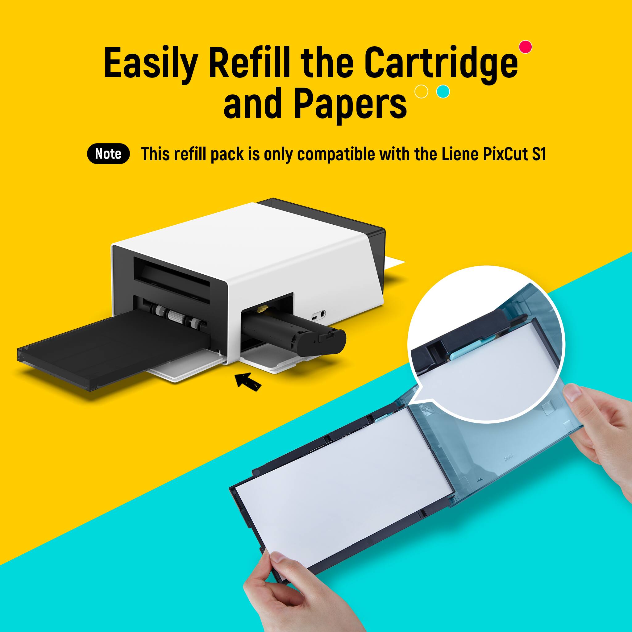 Easily Refill the Cartridge and Papers

Note: This refill pack is only compatible with the Liene PixCut S1