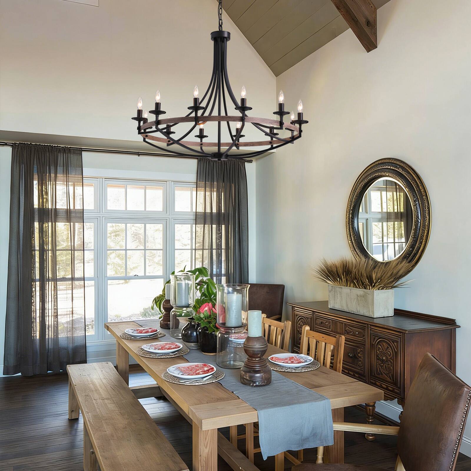 Alt View 2. Siljoy - 41 Inch Farmhouse Matte Black 12 Light Candle Chandelier Adjustable Wrought Iron for Dining Room Kitchen Island Entryway - Brown.