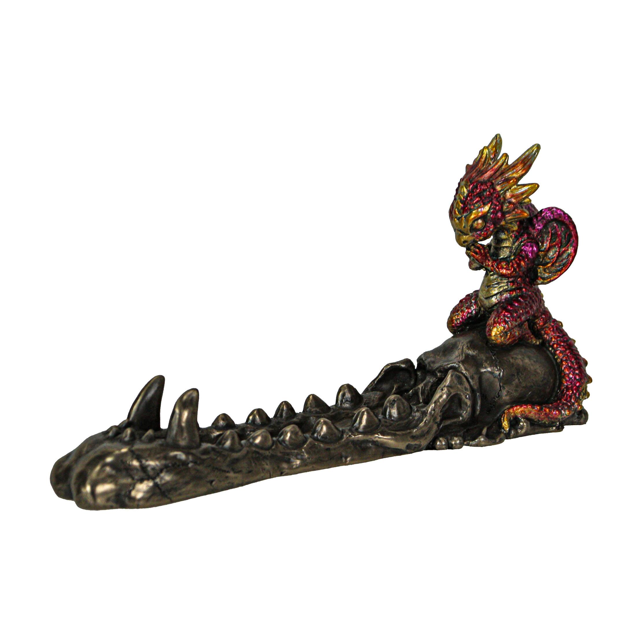 Front. Veronese Design - Dragonling Bronze Finish Baby Dragon on Skull Stick Incense Holder - Multicolored.