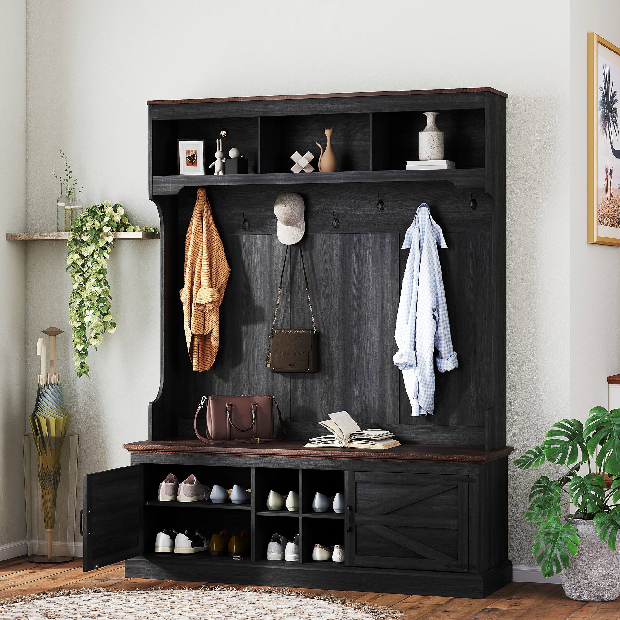 Alt View 1. Homcom - 3-in-1 Hall Tree with Shoe Storage, Standing Coat Rack with Shoe Bench, Entryway Furniture with Seven Hooks - Black Wood Grain.