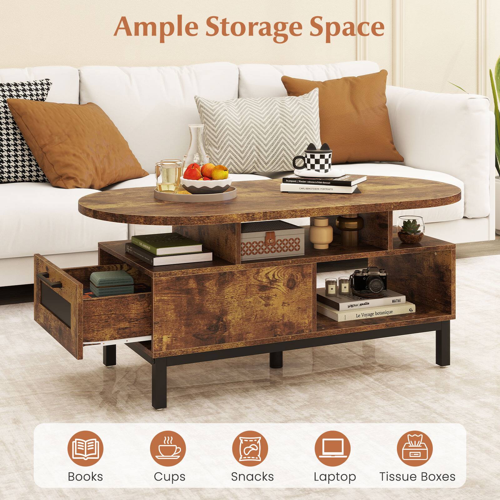 Ample Storage Space

- Books
- Cups
- Snacks
- Laptop
- Tissue Boxes