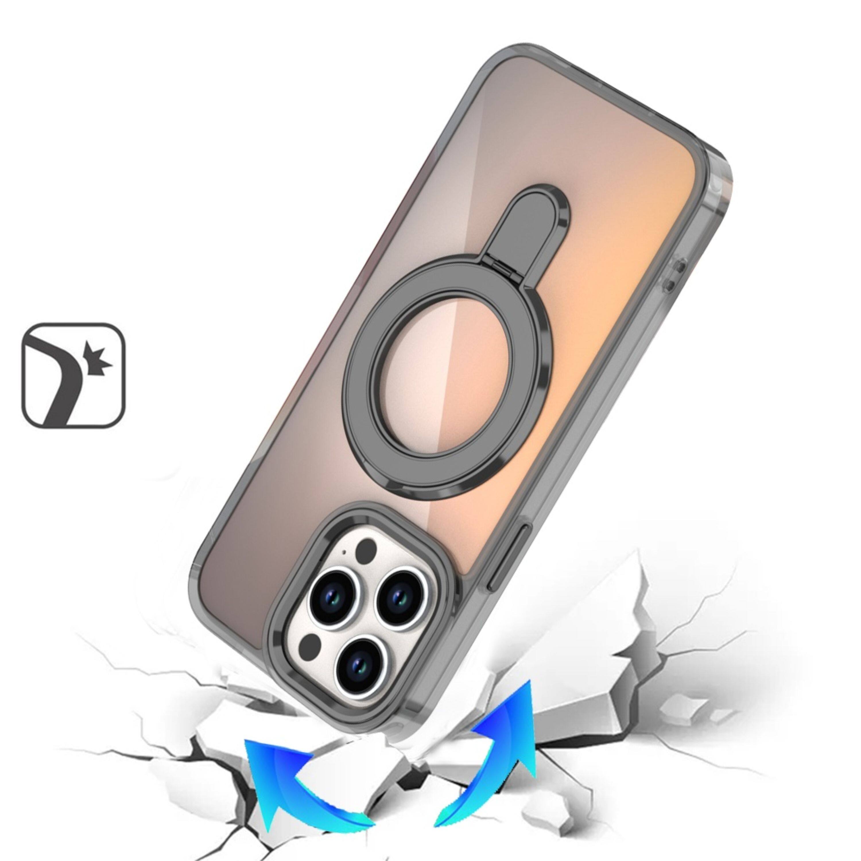 Left. Kitcheniva - Radiant Chrome Magnet Circle Stand Phone Case With 2 Pcs Tempered Glass For iPhone 15 Pro Max Black - Black.