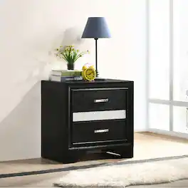 Loheer - Two Drawer Nightstand with Hidden Jewelry Tray and Crystal Handles - Black
