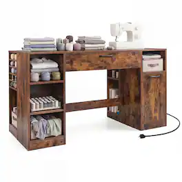 Costway - 53" Sewing Table with Power Outlets 2 Drawers Open Compartments 5 Removable Shelves - Rustic Brown