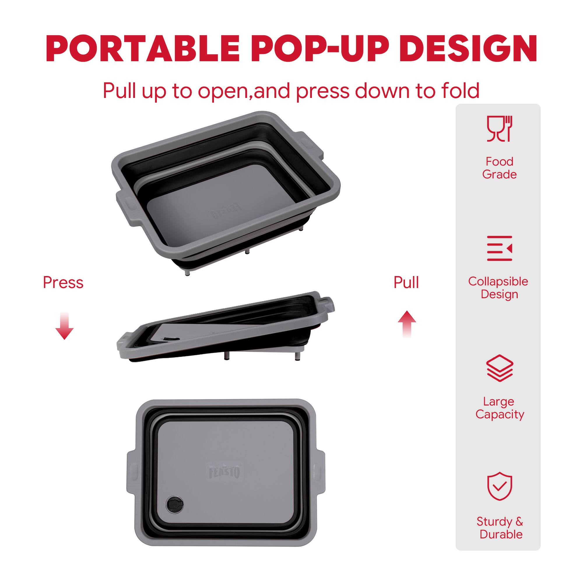 PORTABLE POP-UP DESIGN  
Pull up to open, and press down to fold  

- Food Grade  
- Collapsible Design  
- Large Capacity  
- Sturdy & Durable