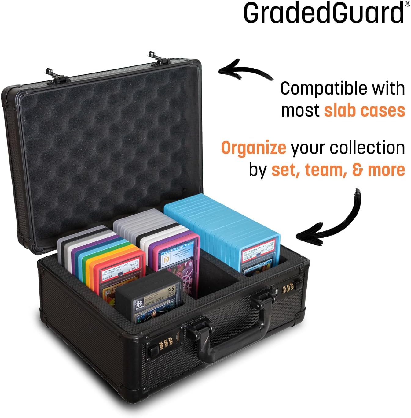 GradedGuard®  
Compatible with most slab cases  
Organize your collection by set, team, & more  

10  
9.5  
J  
B  
PBD