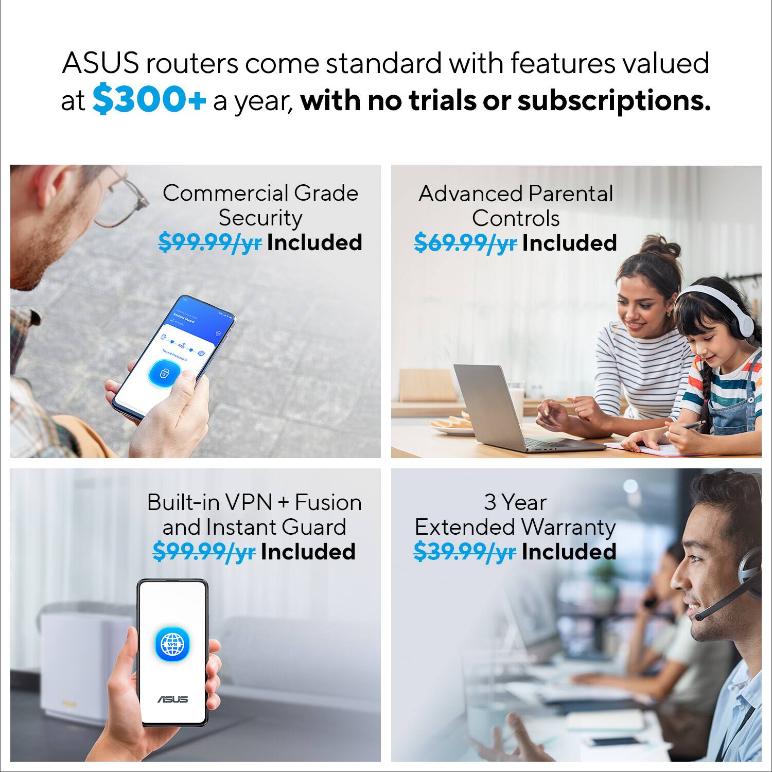 ASUS routers come standard with features valued at $300+ a year, with no trials or subscriptions.

- Commercial Grade Security: $99.99/yr Included
- Advanced Parental Controls: $69.99/yr Included
- Built-in VPN + Fusion and Instant Guard: $99.99/yr Included
- 3 Year Extended Warranty: $39.99/yr Included
