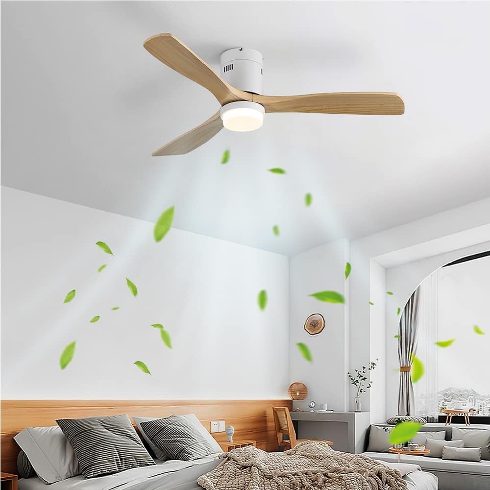 Sofucor - 52 Inch Wood Ceiling Fans with Lights and Remote High CFM Solid Wood Ceiling Fans for Bedroom Patio Indoor Outdoor - White Wood