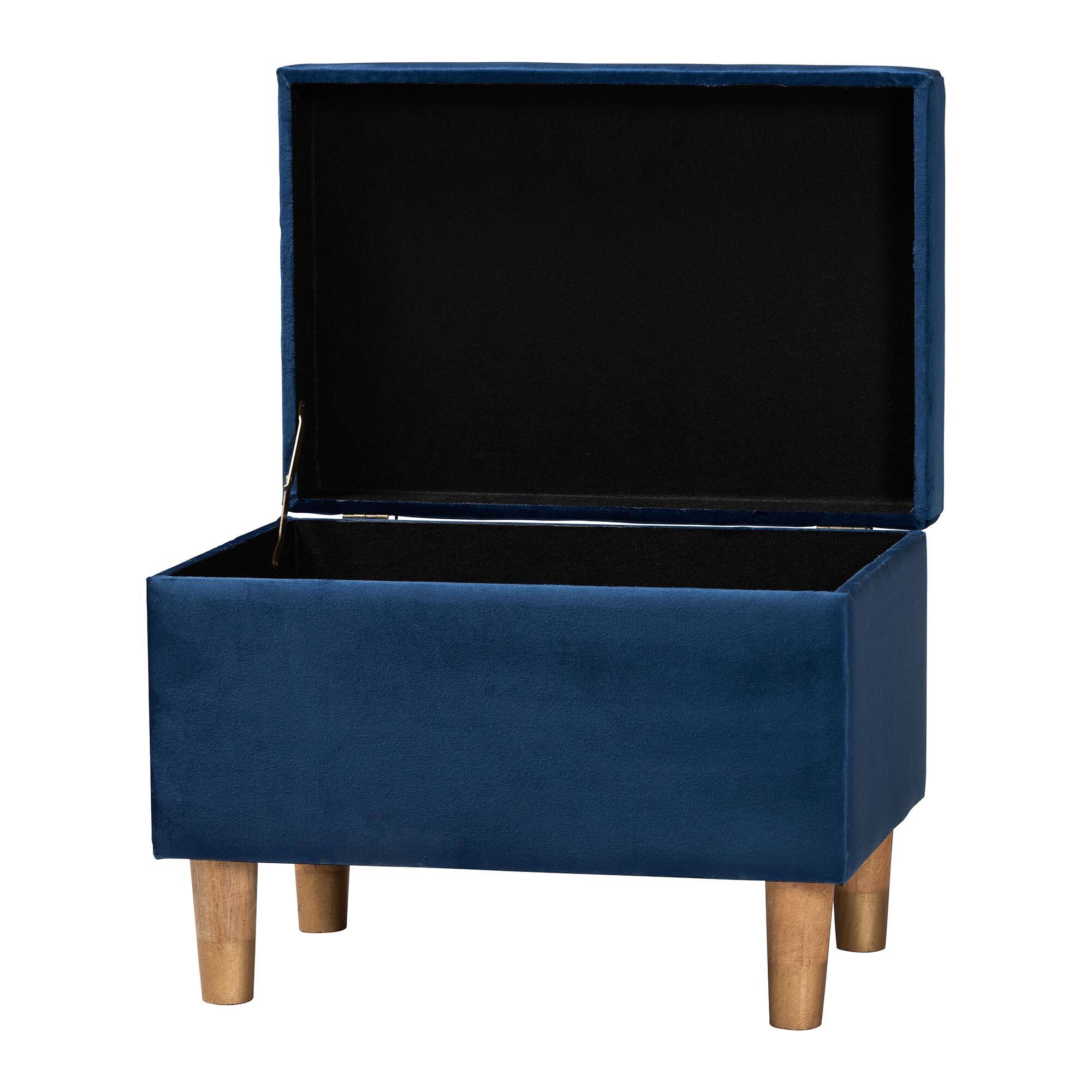 Angle. Baxton Studio - Elias Modern Velvet Fabric Storage Ottoman - Navy Blue/Oak Brown.