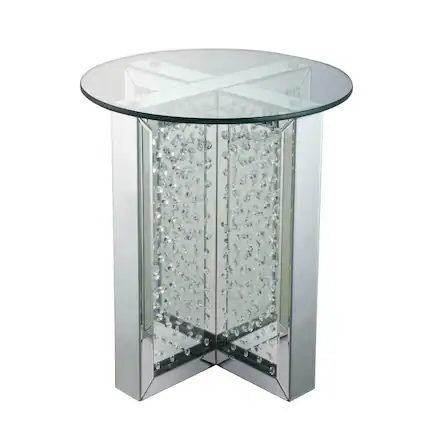 Front. Manhattan Lane - Round Mirrored Metal End Table with Glass Top and Crystal Accent Base - Silver.