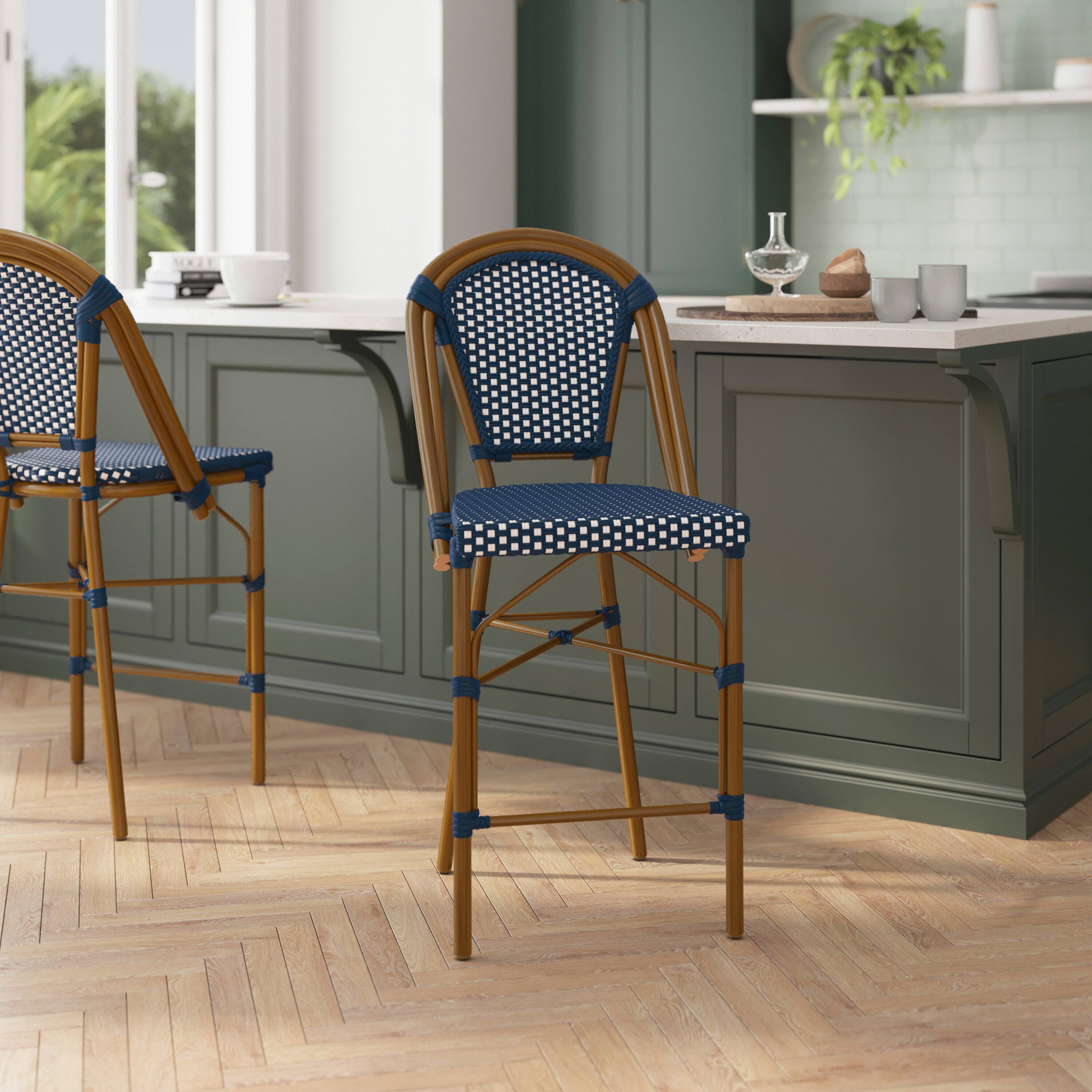 Alt View 3. Flash Furniture - Bordeaux Set of 2 Stackable Indoor/Outdoor Bistro 26" High Counter Height Stools, Commercial Grade, Navy/White and Bambo - Blue.
