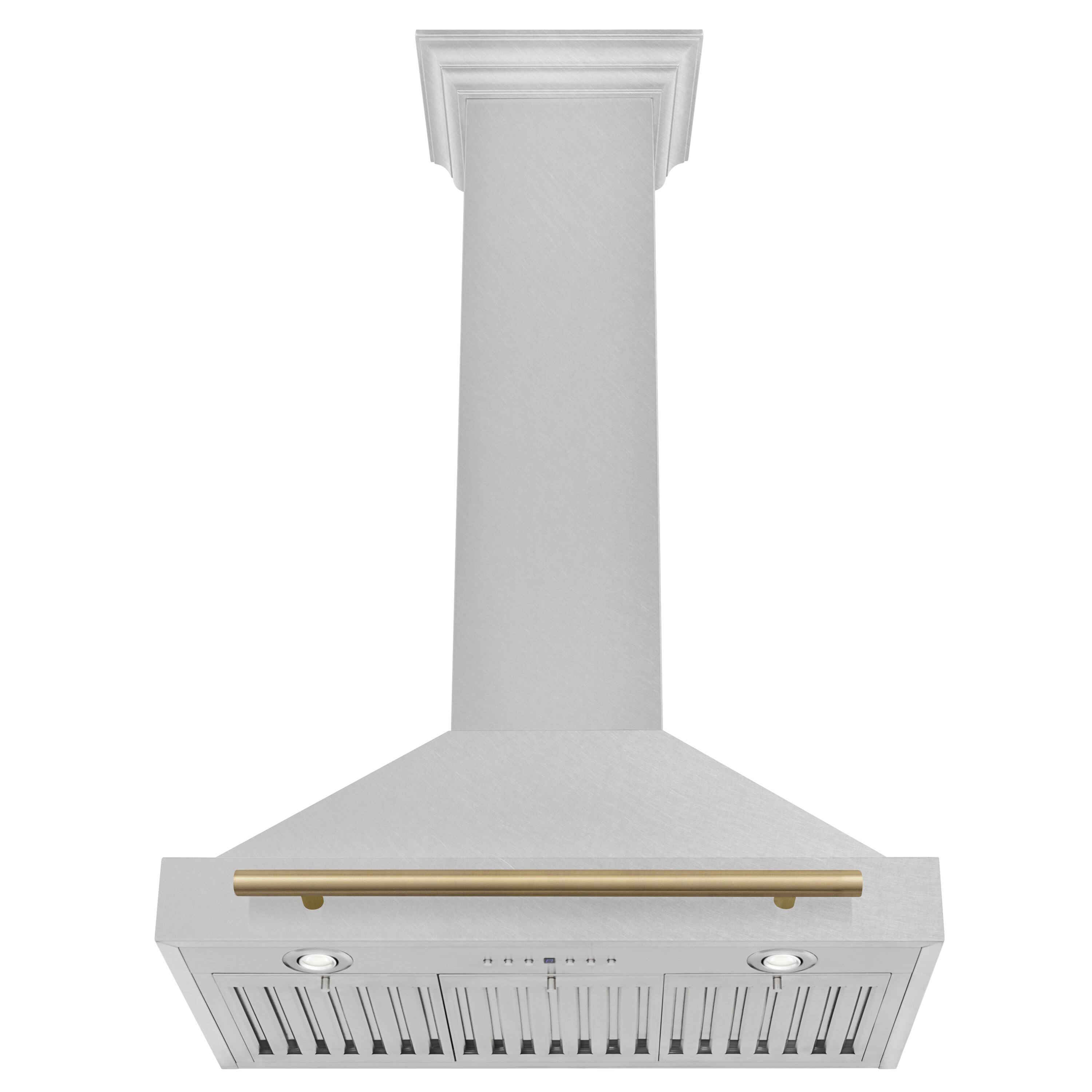 Angle. ZLINE - ZLINE Autograph Edition 30 in. Convertible Satin Stainless Steel Wall Mount Range Hood with Champagne Bronze Handle - Stainless steel.