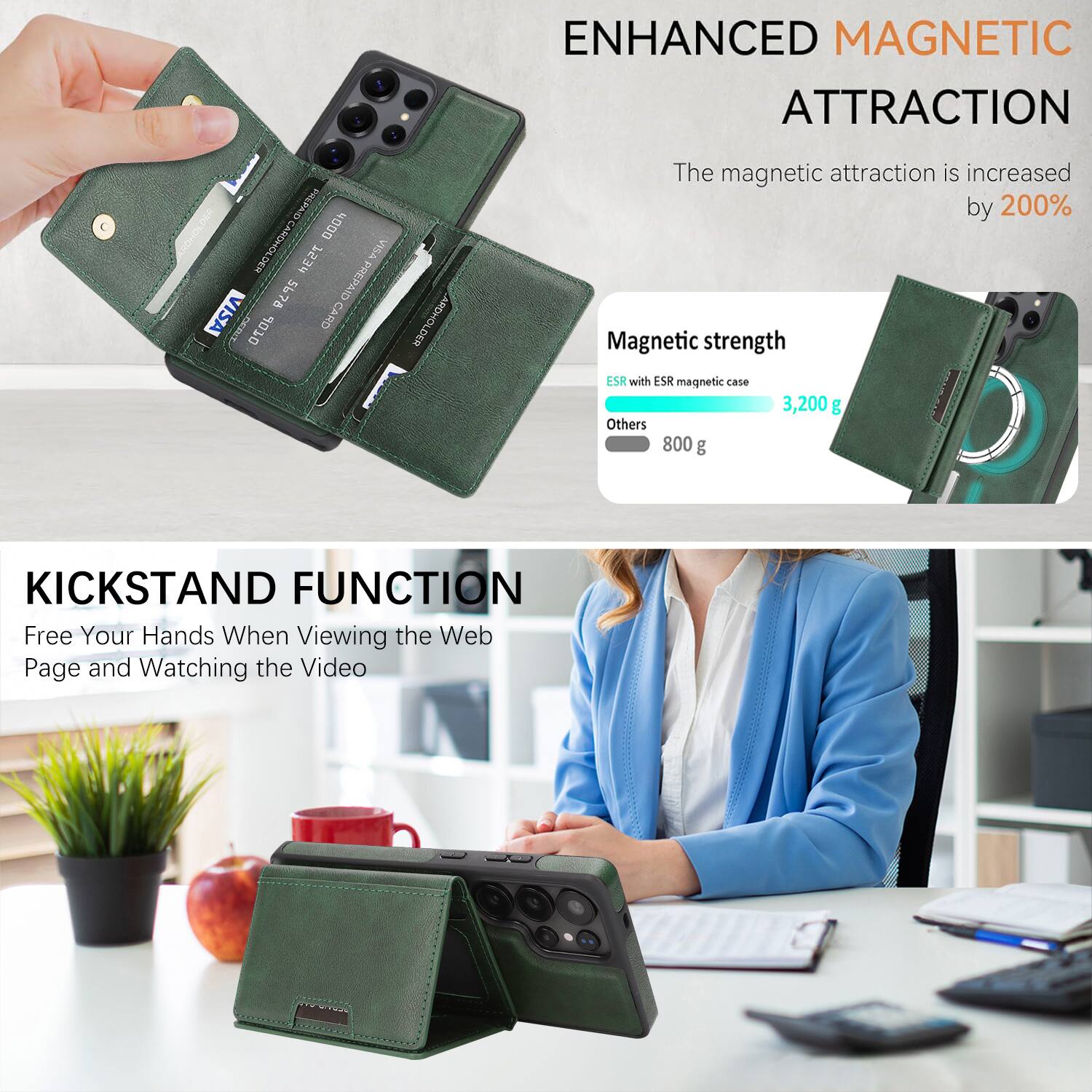 ENHANCED MAGNETIC ATTRACTION

The magnetic attraction is increased by 200%

Magnetic strength
- ESR with ESR magnetic case: 3,200 g
- Others: 800 g

KICKSTAND FUNCTION

Free Your Hands When Viewing the Web Page and Watching the Video