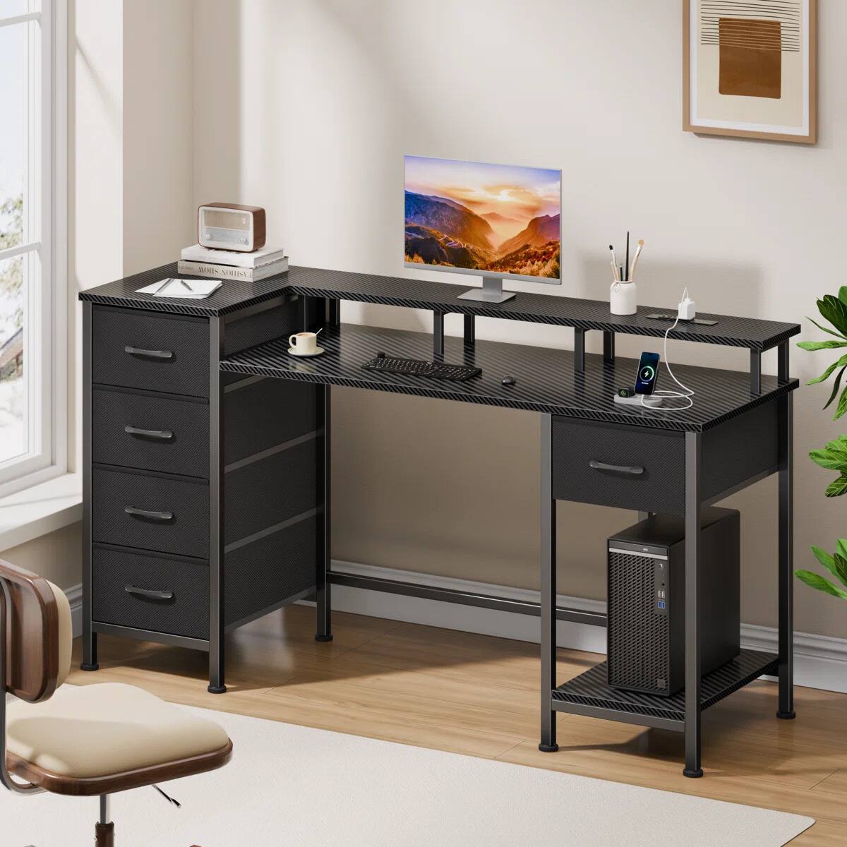 Alt View 1. Furnulem - 47 Inches Computer Desk with Monitor Stand Charging Station  LED Lights Gaming Desk with Drawers for Home Office - Black.