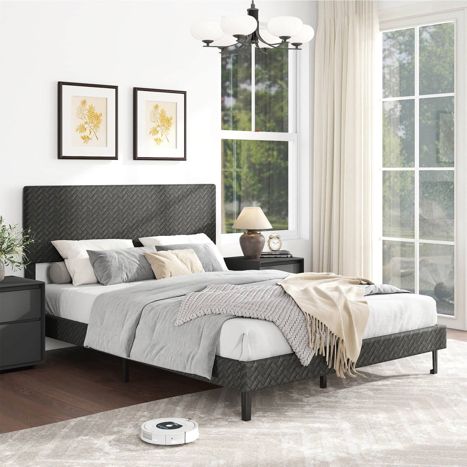 Alt View 4. Costway - Costway Queen Size Bed Frame with Height Adjustable Chevron Headboard, No Box Spring Needed - Gray.