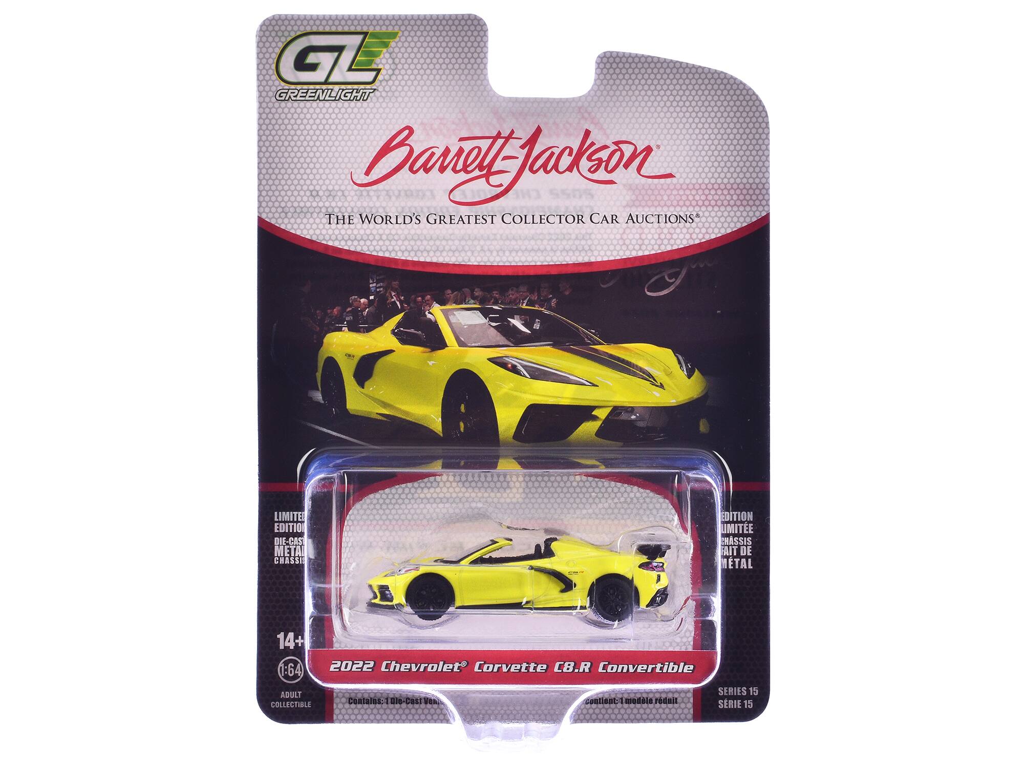 GL GREENLIGHT Barrett Jackson THE WORLD'S GREATEST COLLECTOR CAR AUCTIONS LIMITED EDITION DIE-CAST METAL CHASSIS EDITION UMITE CRASSIS AIT DE METAL 14+ 1:64 2022 Chevrolet Corvette C8.R Convertible ADULT COLLECTIBLE Contains: 1 Die-Cast Vehicle SERIES 15